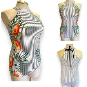 Lane Bryant Cacique 22‎ Tropical Striped One Piece Wireless High Neck Swimsuit
